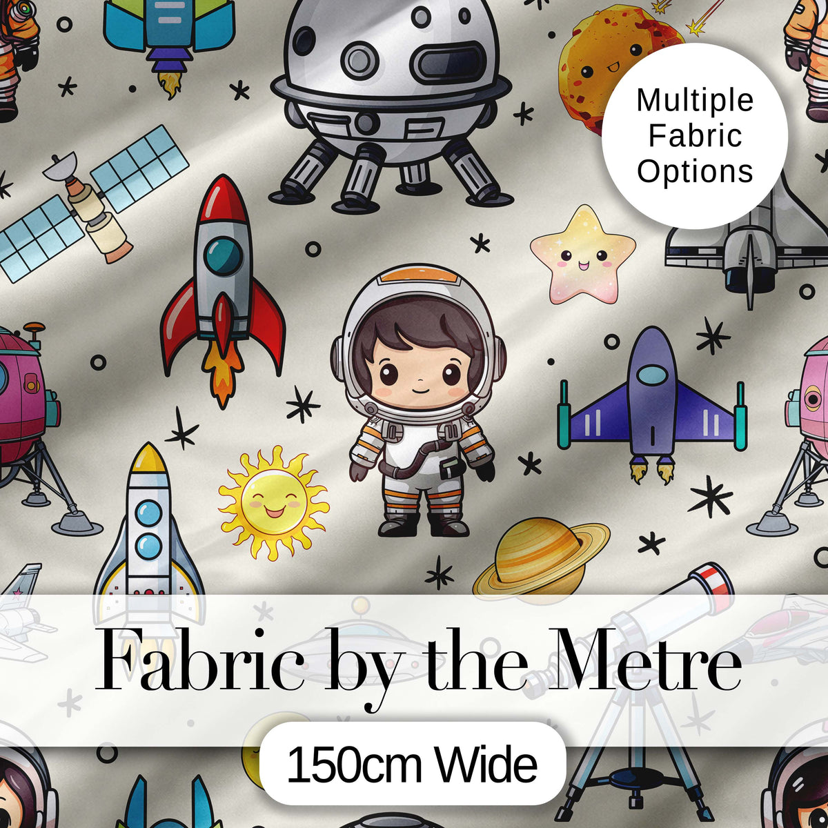 Space Astronaut Rockets UFO Telescope Seamless  Beige Background Digital Print Fabric by the Metre UK Sewing Quilting Textile
