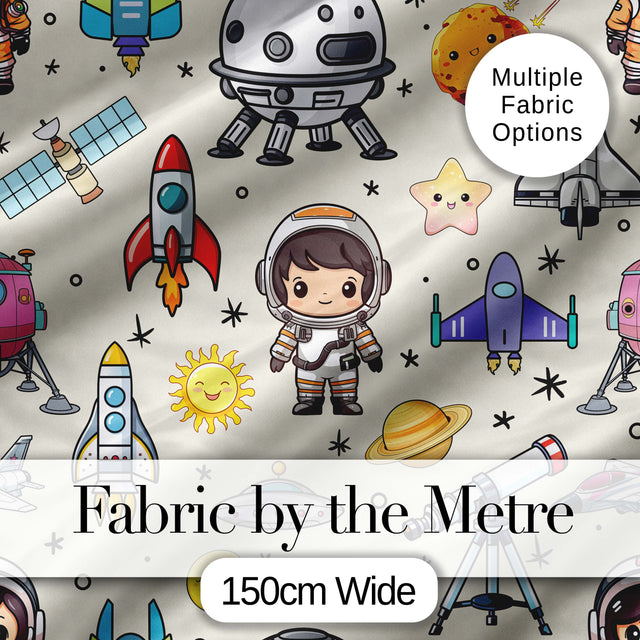 Space Astronaut Rockets UFO Telescope Seamless  Beige Background Digital Print Fabric by the Metre UK Sewing Quilting Textile