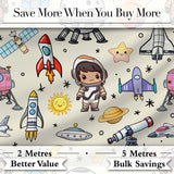 Space Astronaut Rockets UFO Telescope Seamless  Beige Background Digital Print Fabric by the Metre UK Sewing Quilting Textile