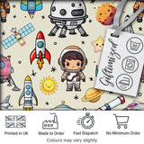 Space Astronaut Rockets UFO Telescope Seamless  Beige Background Digital Print Fabric by the Metre UK Sewing Quilting Textile