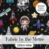 Space Astronaut Rockets UFO Telescope Seamless  Black Background Digital Print Fabric by the Metre UK Sewing Quilting Textile
