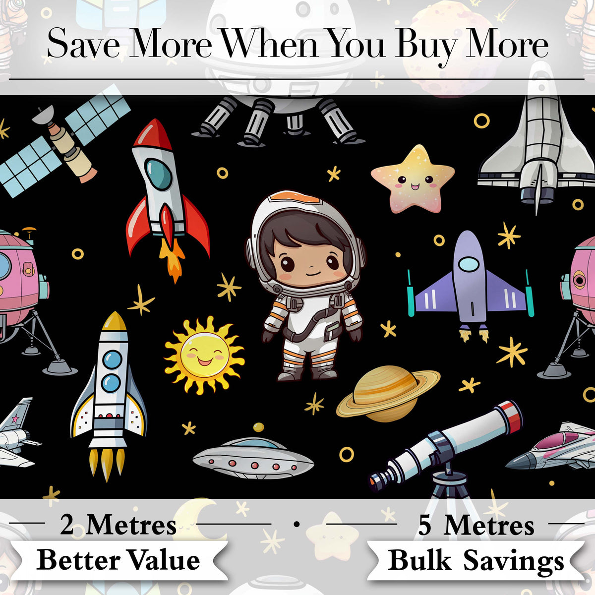 Space Astronaut Rockets UFO Telescope Seamless  Black Background Digital Print Fabric by the Metre UK Sewing Quilting Textile