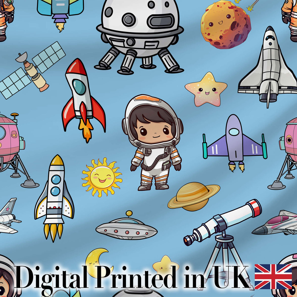 Space Astronaut Rockets UFO Telescope Seamless  Blue Background Digital Print Fabric by the Metre UK Sewing Quilting Textile