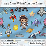 Space Astronaut Rockets UFO Telescope Seamless  Blue Background Digital Print Fabric by the Metre UK Sewing Quilting Textile