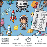 Space Astronaut Rockets UFO Telescope Seamless  Blue Background Digital Print Fabric by the Metre UK Sewing Quilting Textile