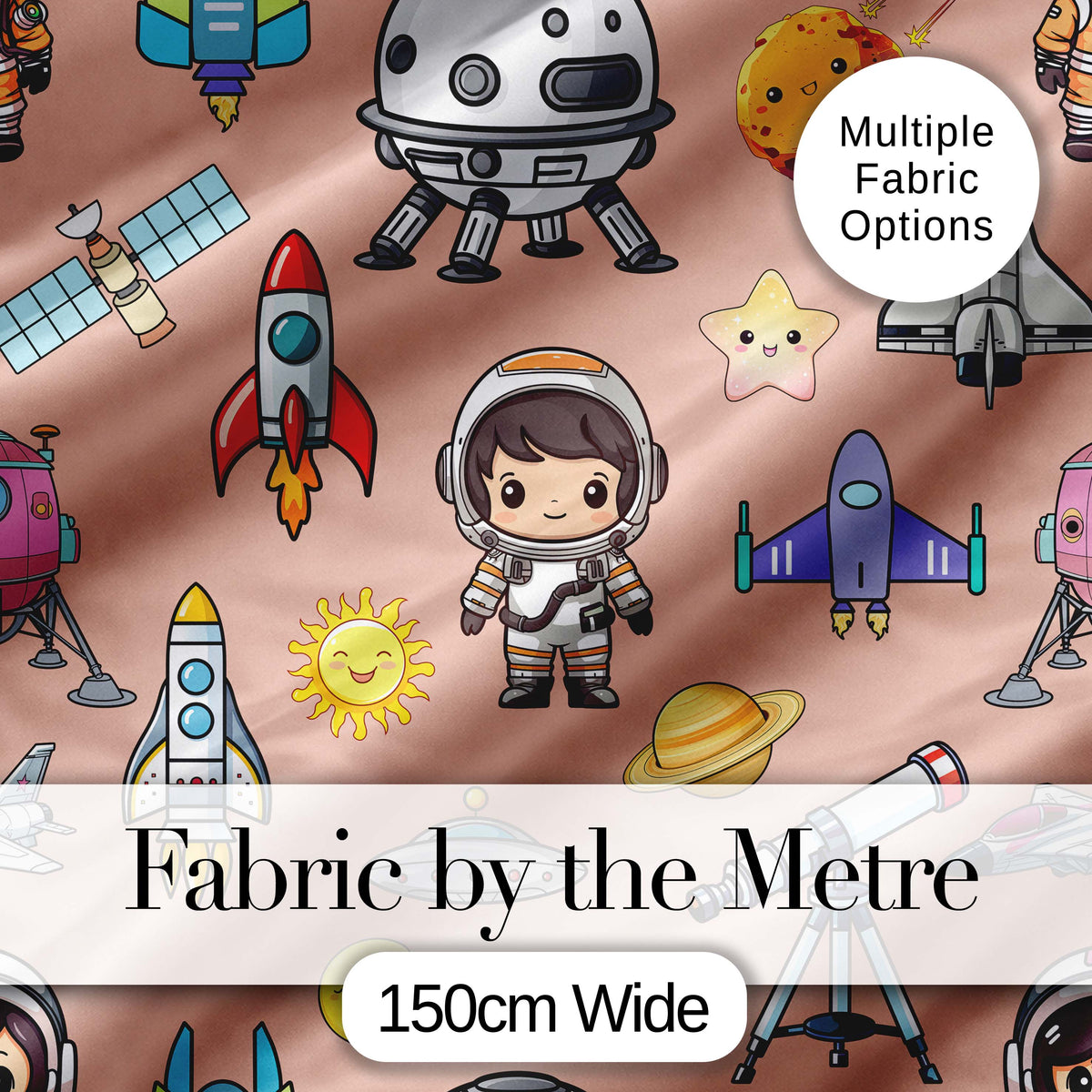 Space Astronaut Rockets UFO Telescope Seamless  Peach Background Digital Print Fabric by the Metre UK Sewing Quilting Textile