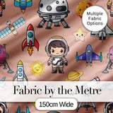 Space Astronaut Rockets UFO Telescope Seamless  Peach Background Digital Print Fabric by the Metre UK Sewing Quilting Textile