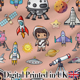 Space Astronaut Rockets UFO Telescope Seamless  Peach Background Digital Print Fabric by the Metre UK Sewing Quilting Textile