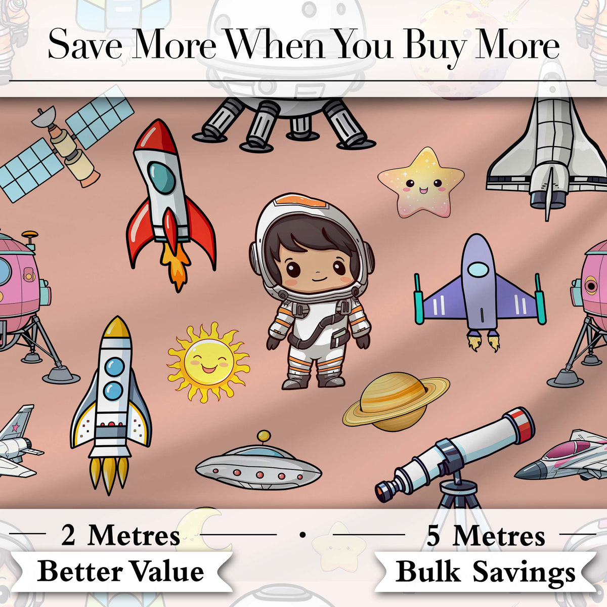 Space Astronaut Rockets UFO Telescope Seamless  Peach Background Digital Print Fabric by the Metre UK Sewing Quilting Textile