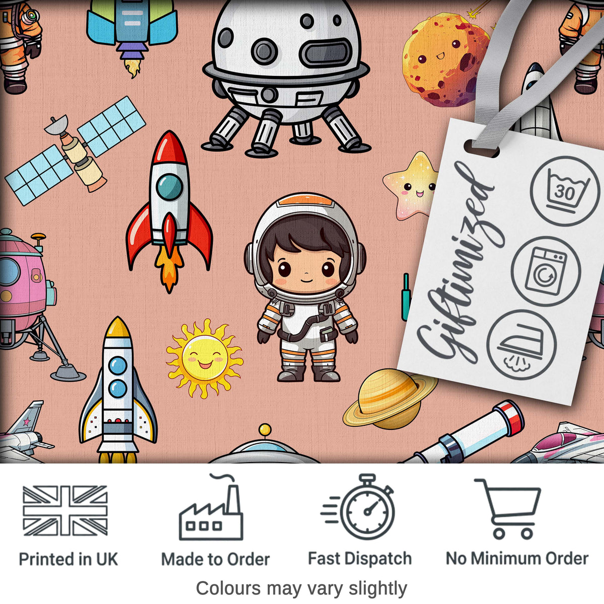 Space Astronaut Rockets UFO Telescope Seamless  Peach Background Digital Print Fabric by the Metre UK Sewing Quilting Textile
