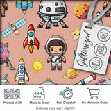 Space Astronaut Rockets UFO Telescope Seamless  Peach Background Digital Print Fabric by the Metre UK Sewing Quilting Textile
