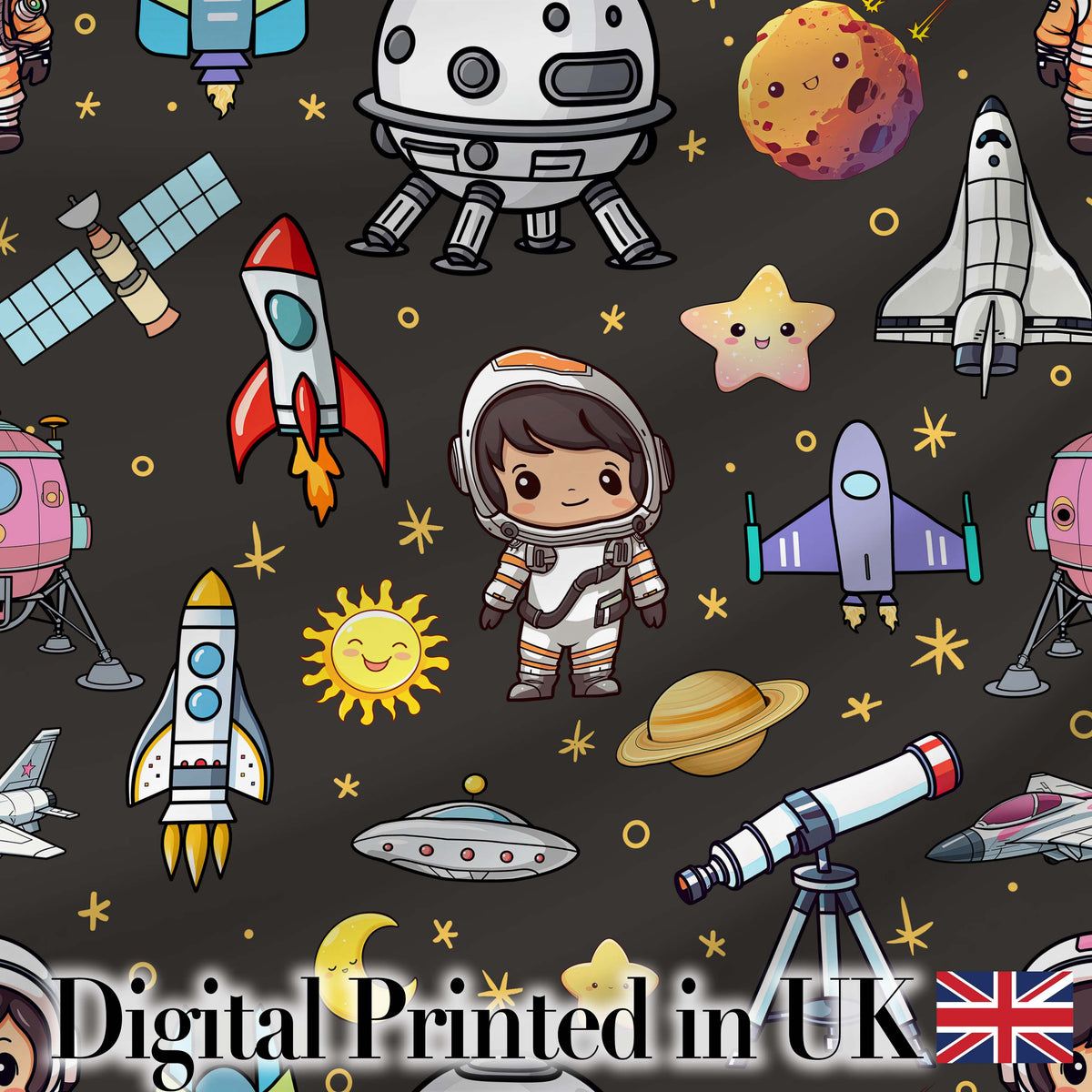Space Astronaut Rockets UFO Telescope Seamless  Dark Grey Background Digital Print Fabric by the Metre UK Sewing Quilting Textile