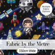 Space Astronaut Rockets UFO Telescope Seamless  Navy Blue Background Digital Print Fabric by the Metre UK Sewing Quilting Textile