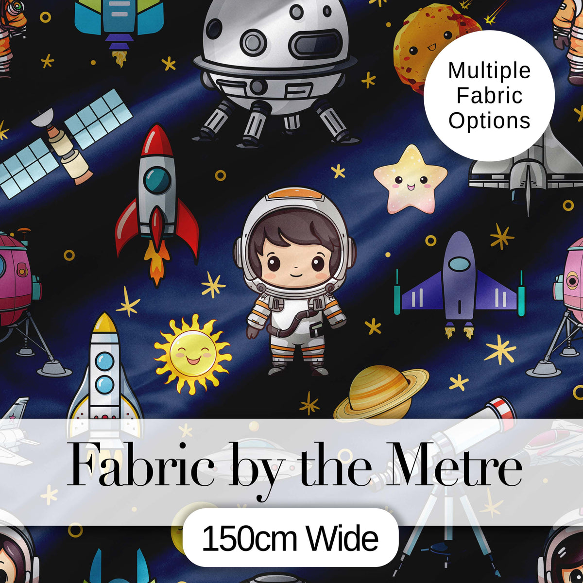 Space Astronaut Rockets UFO Telescope Seamless  Navy Blue Background Digital Print Fabric by the Metre UK Sewing Quilting Textile