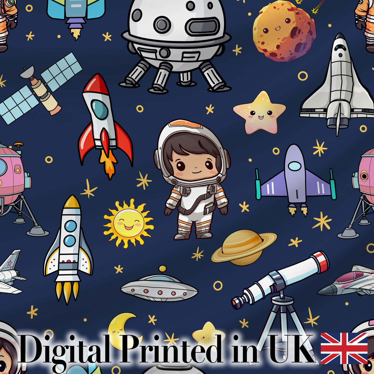 Space Astronaut Rockets UFO Telescope Seamless  Navy Blue Background Digital Print Fabric by the Metre UK Sewing Quilting Textile