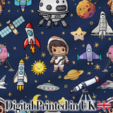 Space Astronaut Rockets UFO Telescope Seamless  Navy Blue Background Digital Print Fabric by the Metre UK Sewing Quilting Textile