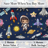 Space Astronaut Rockets UFO Telescope Seamless  Navy Blue Background Digital Print Fabric by the Metre UK Sewing Quilting Textile
