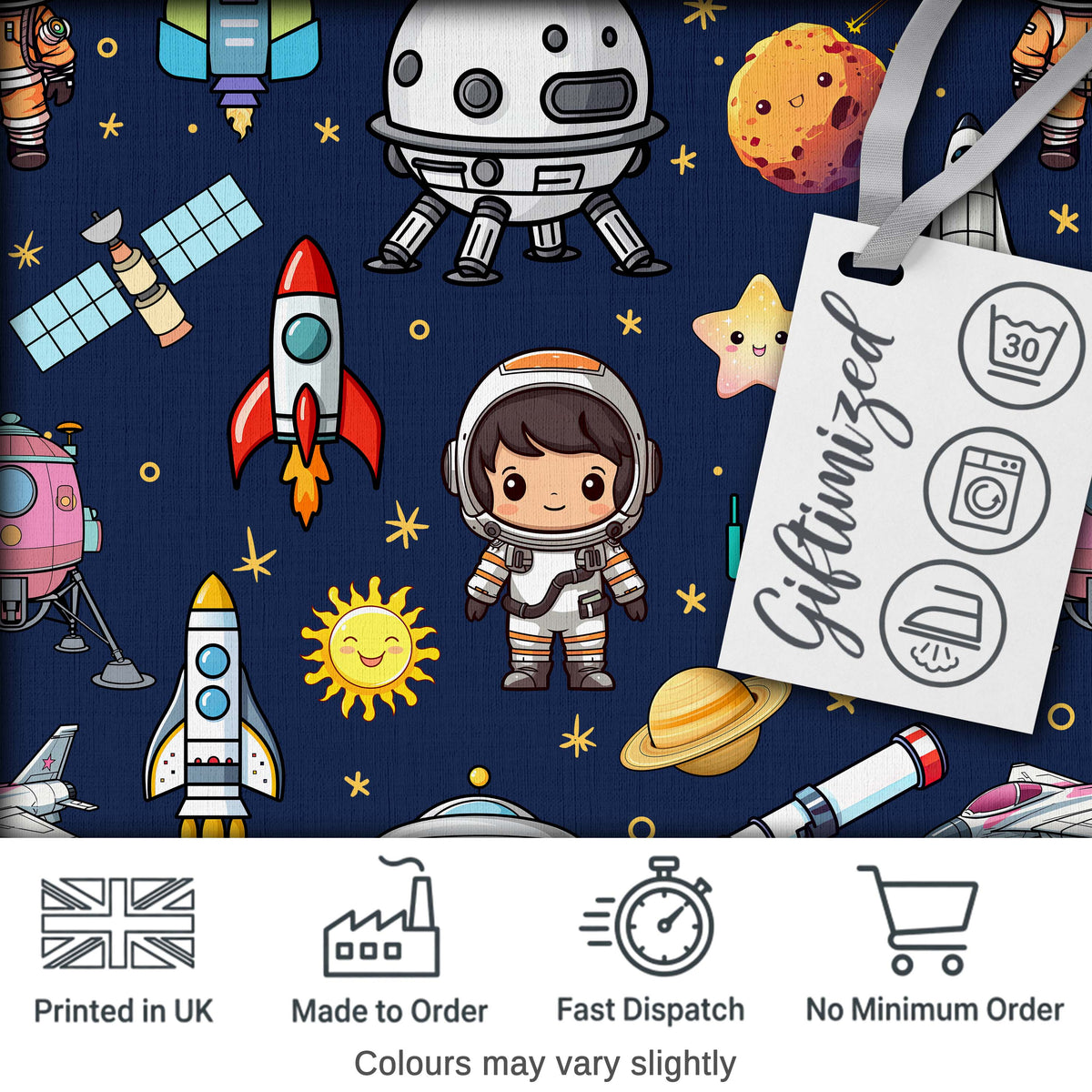 Space Astronaut Rockets UFO Telescope Seamless  Navy Blue Background Digital Print Fabric by the Metre UK Sewing Quilting Textile