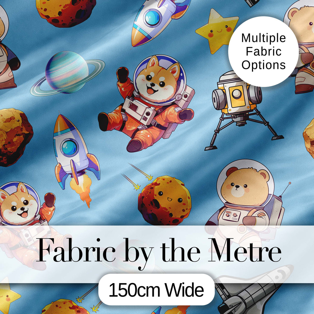 Space Dog Bear Astronaut Rockets Planets Seamless  Blue Background Digital Print Fabric by the Metre UK Sewing Quilting Textile