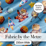 Space Dog Bear Astronaut Rockets Planets Seamless  Blue Background Digital Print Fabric by the Metre UK Sewing Quilting Textile