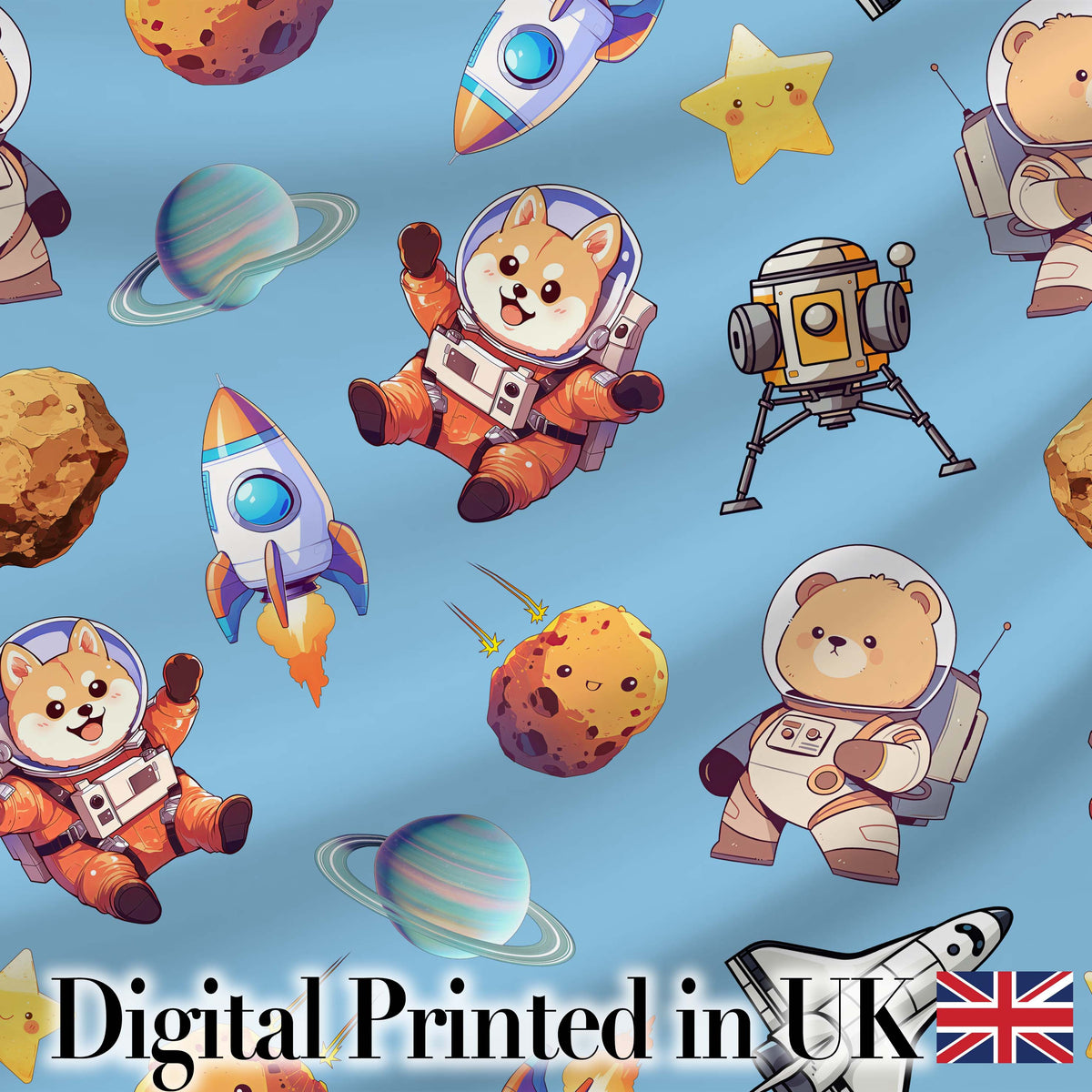 Space Dog Bear Astronaut Rockets Planets Seamless  Blue Background Digital Print Fabric by the Metre UK Sewing Quilting Textile
