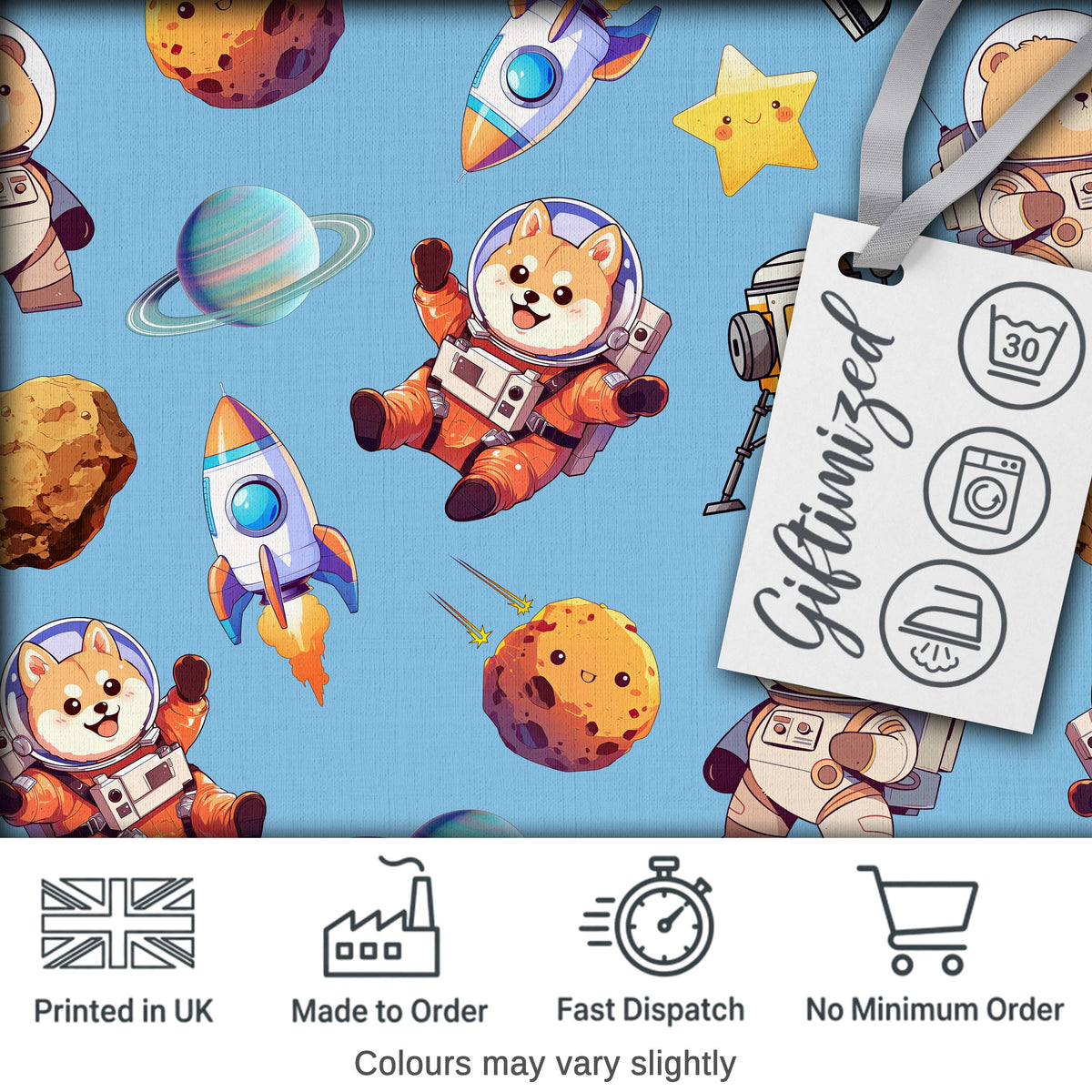 Space Dog Bear Astronaut Rockets Planets Seamless  Blue Background Digital Print Fabric by the Metre UK Sewing Quilting Textile