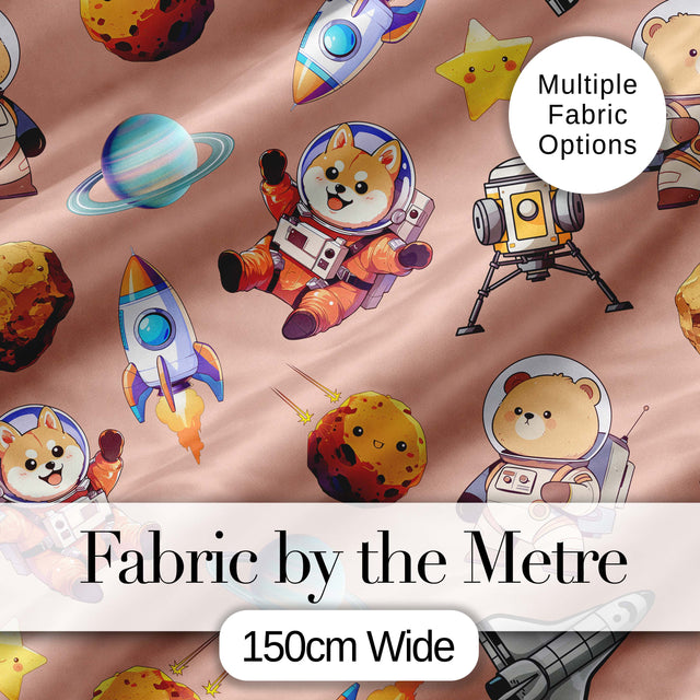 Space Dog Bear Astronaut Rockets Planets Seamless  Peach Background Digital Print Fabric by the Metre UK Sewing Quilting Textile