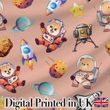 Space Dog Bear Astronaut Rockets Planets Seamless  Peach Background Digital Print Fabric by the Metre UK Sewing Quilting Textile