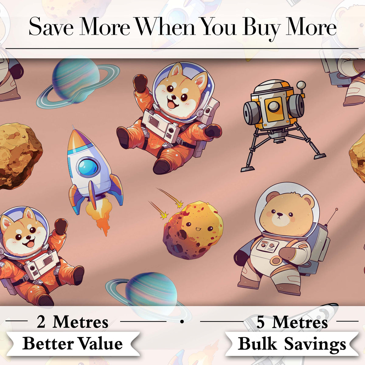 Space Dog Bear Astronaut Rockets Planets Seamless  Peach Background Digital Print Fabric by the Metre UK Sewing Quilting Textile