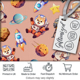 Space Dog Bear Astronaut Rockets Planets Seamless  Peach Background Digital Print Fabric by the Metre UK Sewing Quilting Textile