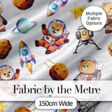 Space Dog Bear Astronaut Rockets Planets Seamless  Light Grey Background Digital Print Fabric by the Metre UK Sewing Quilting Textile
