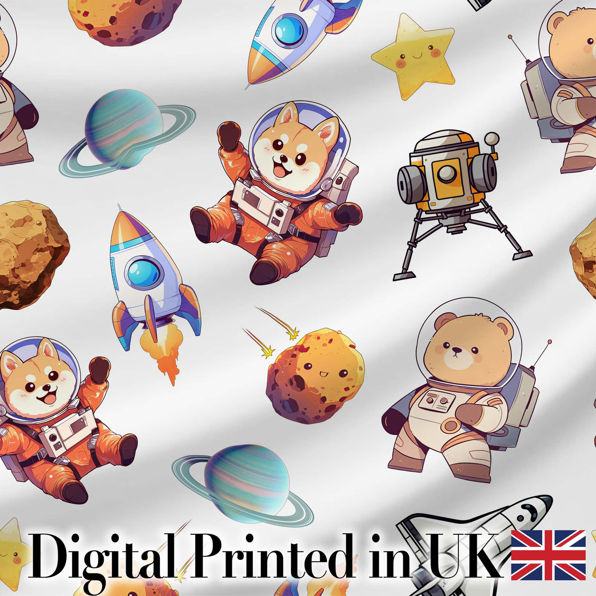 Space Dog Bear Astronaut Rockets Planets Seamless  Light Grey Background Digital Print Fabric by the Metre UK Sewing Quilting Textile