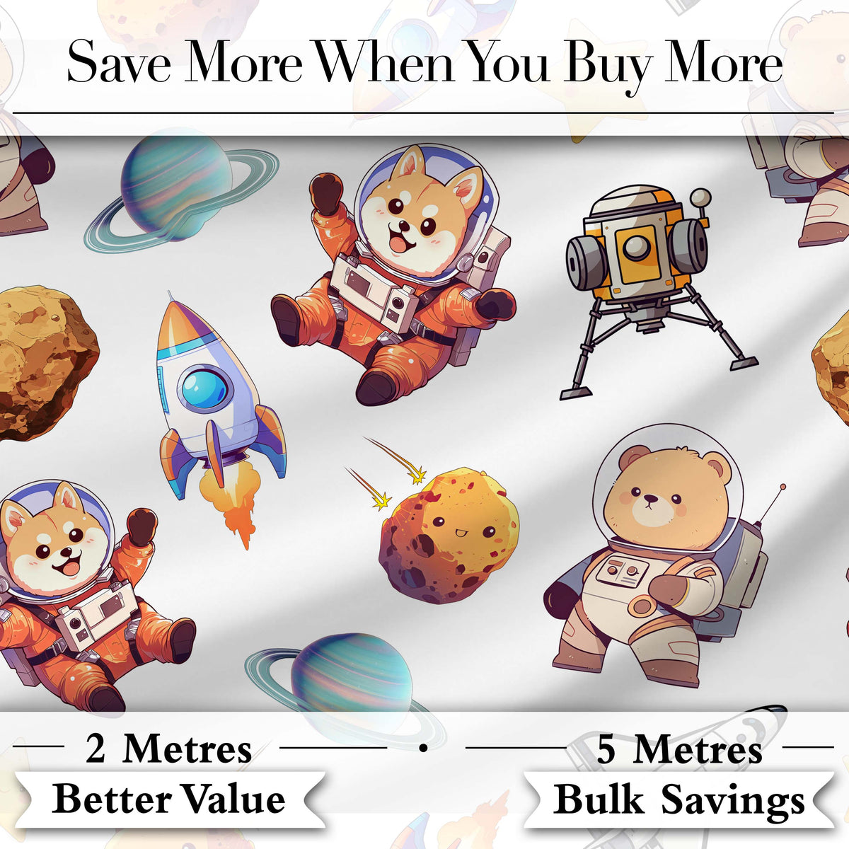 Space Dog Bear Astronaut Rockets Planets Seamless  Light Grey Background Digital Print Fabric by the Metre UK Sewing Quilting Textile