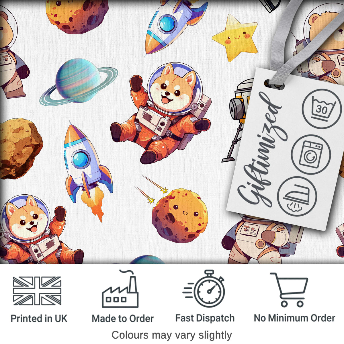 Space Dog Bear Astronaut Rockets Planets Seamless  Light Grey Background Digital Print Fabric by the Metre UK Sewing Quilting Textile