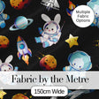 Space Bunny Cat Astronaut Rockets Planets Seamless  Black Background Digital Print Fabric by the Metre UK Sewing Quilting Textile