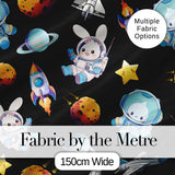 Space Bunny Cat Astronaut Rockets Planets Seamless  Black Background Digital Print Fabric by the Metre UK Sewing Quilting Textile