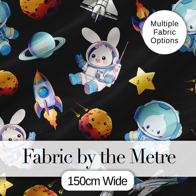 Space Bunny Cat Astronaut Rockets Planets Seamless  Black Background Digital Print Fabric by the Metre UK Sewing Quilting Textile
