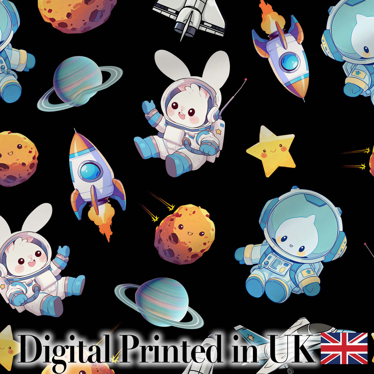 Space Bunny Cat Astronaut Rockets Planets Seamless  Black Background Digital Print Fabric by the Metre UK Sewing Quilting Textile
