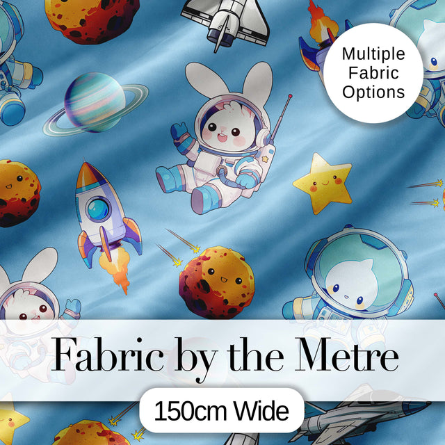 Space Bunny Cat Astronaut Rockets Planets Seamless  Blue Background Digital Print Fabric by the Metre UK Sewing Quilting Textile