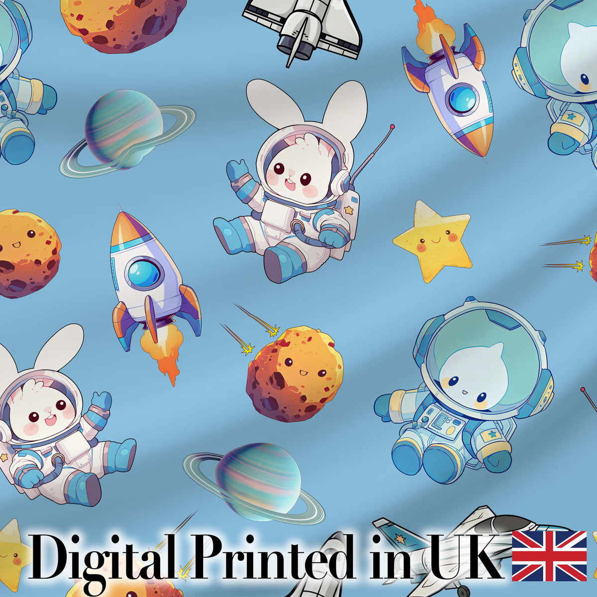 Space Bunny Cat Astronaut Rockets Planets Seamless  Blue Background Digital Print Fabric by the Metre UK Sewing Quilting Textile