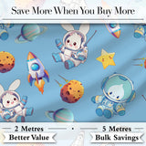 Space Bunny Cat Astronaut Rockets Planets Seamless  Blue Background Digital Print Fabric by the Metre UK Sewing Quilting Textile