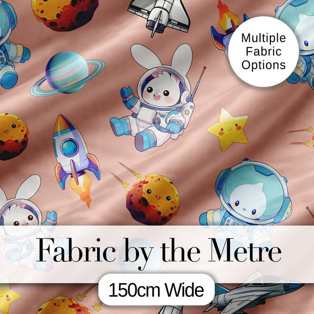 Space Bunny Cat Astronaut Rockets Planets Seamless  Peach Background Digital Print Fabric by the Metre UK Sewing Quilting Textile