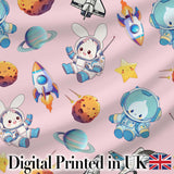 Space Bunny Cat Astronaut Rockets Planets Seamless  Pink Background Digital Print Fabric by the Metre UK Sewing Quilting Textile