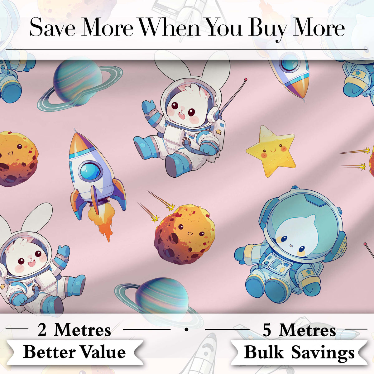 Space Bunny Cat Astronaut Rockets Planets Seamless  Pink Background Digital Print Fabric by the Metre UK Sewing Quilting Textile
