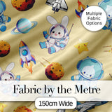 Space Bunny Astronaut Rockets Planets Seamless  Yellow Background Digital Print Fabric by the Metre UK Sewing Quilting Textile