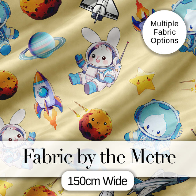 Space Bunny Astronaut Rockets Planets Seamless  Yellow Background Digital Print Fabric by the Metre UK Sewing Quilting Textile