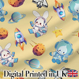 Space Bunny Astronaut Rockets Planets Seamless  Yellow Background Digital Print Fabric by the Metre UK Sewing Quilting Textile