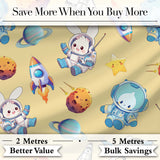Space Bunny Astronaut Rockets Planets Seamless  Yellow Background Digital Print Fabric by the Metre UK Sewing Quilting Textile