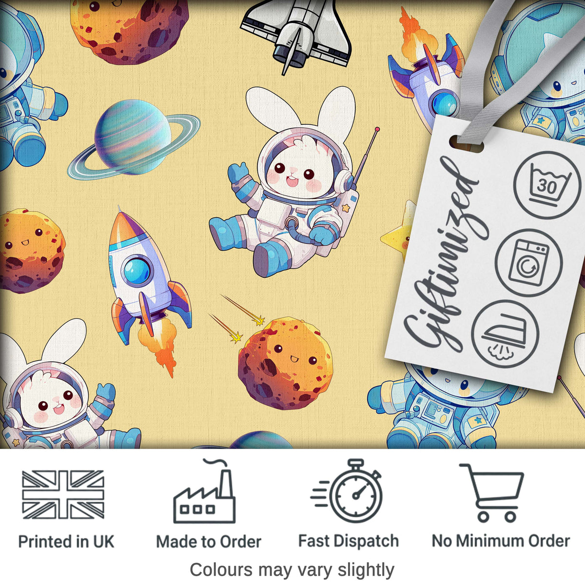 Space Bunny Astronaut Rockets Planets Seamless  Yellow Background Digital Print Fabric by the Metre UK Sewing Quilting Textile
