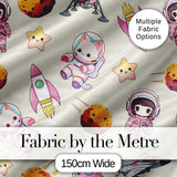 Space Cat Astronaut Girl Rockets Stars Seamless  Cream Background Digital Print Fabric by the Metre UK Sewing Quilting Textile
